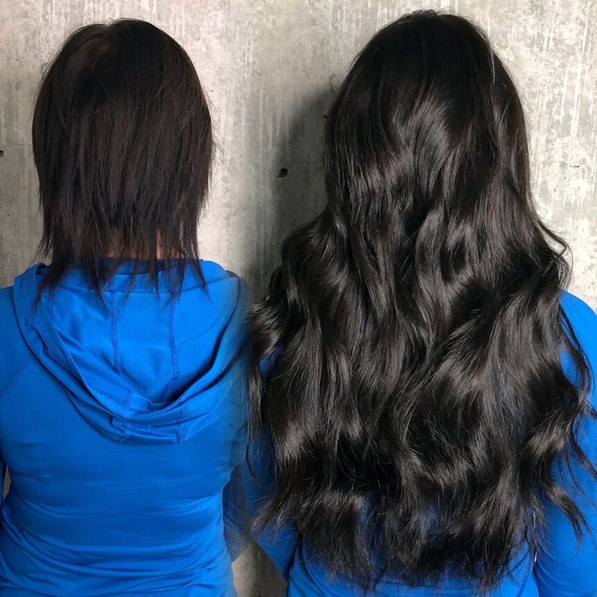 Antes e depois: cabelo escuro curto ganhando comprimento e ondas